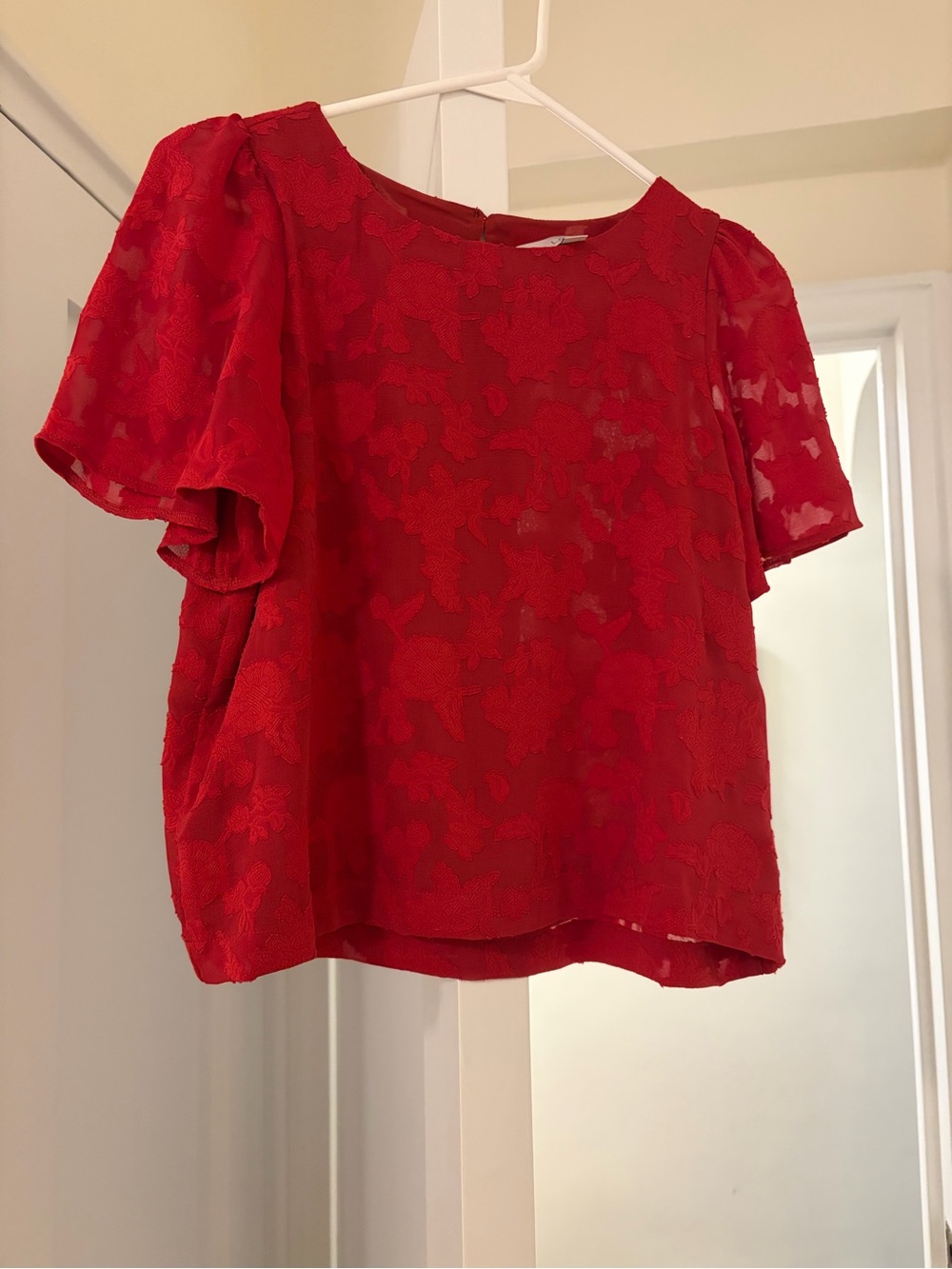 LOFT Red Floral Lace Short Sleeve Blouse XS Petite